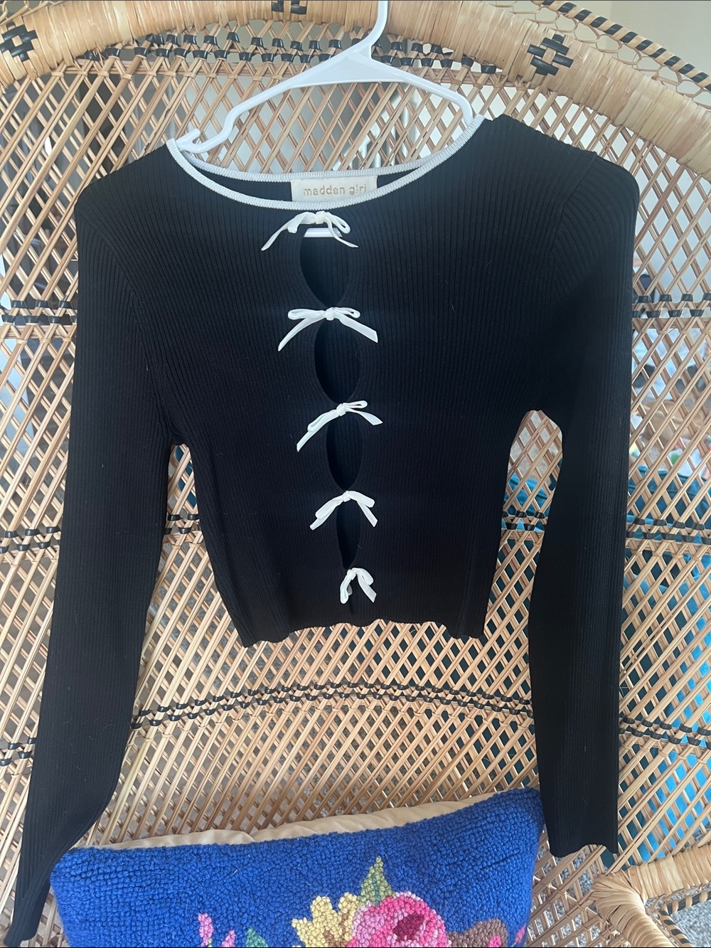 Madden Girl Black Ribbed Long-Sleeve Crop Top with White Bow Details